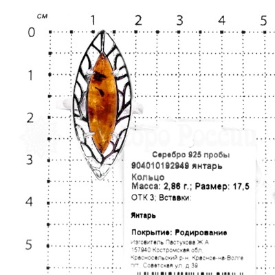 Кольцо из серебра с янтарём родированное 925 пробы 904010192949