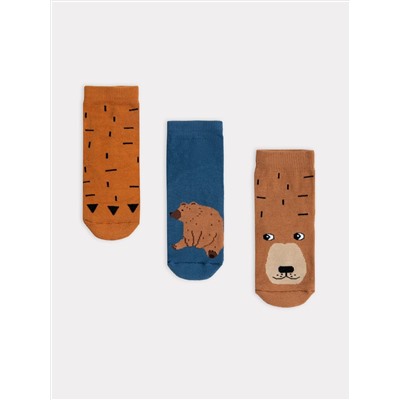 Носки детские мультипак (3 шт.) сине-коричневые с рисунком в виде медведей и черточек