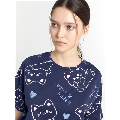 Комплект женский (футболка, бриджи) темно-синий с котами