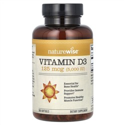 NatureWise, витамин D3, 125 мкг (5000 МЕ), 360 капсул