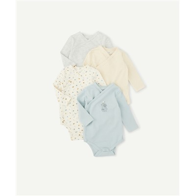 LOT DE 4 BODIES NAISSANCE UNIS, IMPRIMÉ ET RAYÉ EN COTON BIO