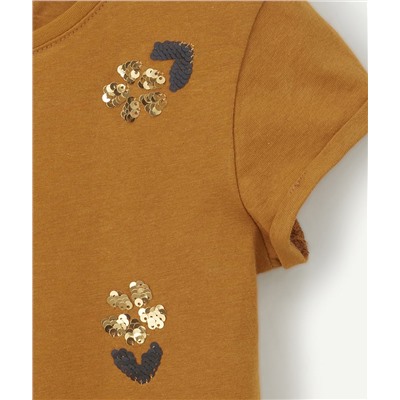 T-SHIRT FILLE EN COTON RECYCLÉ OCRE AVEC SEQUINS RÉVERSIBLES