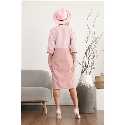 Комбинированное розовое платье с поясом