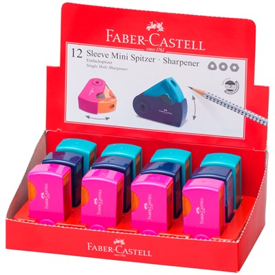Точилка пластиковая Faber-Castell "Sleeve Mini", 1 отверстие, контейнер, розов./оранж., бирюзов.
