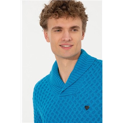 Мужской трикотажный свитер кобальтового меланжевого цвета с шалевым воротником Неожиданная скидка в корзине
