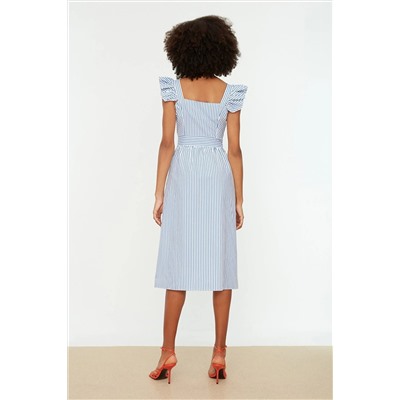 Синее тканое платье-миди в полоску с рюшами TWOSS21EL1306