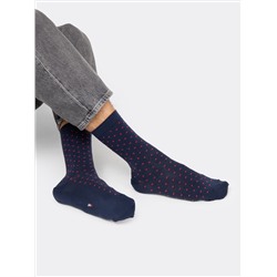 Высокие мужские носки темно-синего цвета в мелкий красный горошек