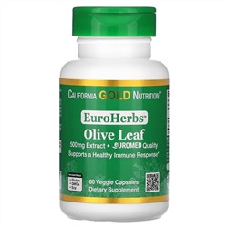 California Gold Nutrition, Экстракт листьев оливкового дерева, EuroHerbs, европейское качество, 500 мг, 60 растительных капсул