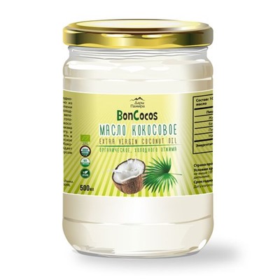 Масло кокосовое органическое холодного отжима (Virgin Coconut Oil), BONCOCOS, органика,  500мл, ст/б