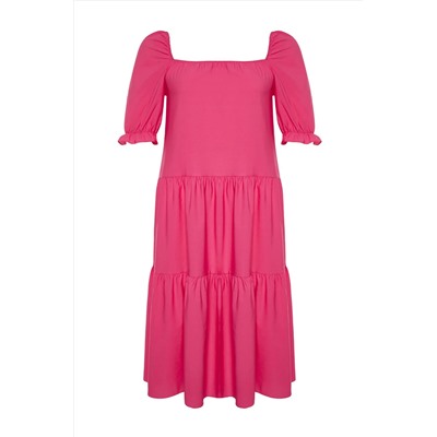 Розовое свободное тканое платье с квадратным воротником TBBSS24AH00153