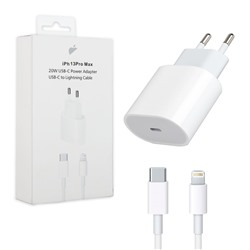 Сетевой адаптер питания USB-C 20W + кабель Lighting-Type-C с лого (белый)