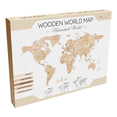 Карта мира деревянная Eco Wood Art Wooden World Map Untouched World, объёмная, трёхуровневая, размер S, 100x55 см, цвет натуральный