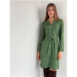 s3106 Платье с фигурной горловиной зелёное с листиками Размер 42