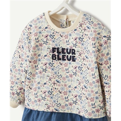 ROBE BÉBÉ FILLE EN BI-MATIÈRE DENIM ET IMPRIMÉE FLEURI