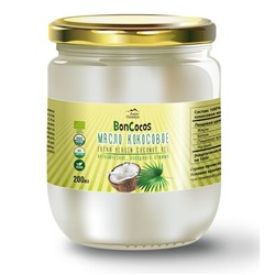 Масло кокосовое холодного отжима (Virgin Coconut Oil), BONCOCOS, органика,  200мл, ст/б