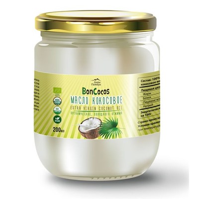 Масло кокосовое холодного отжима (Virgin Coconut Oil), BONCOCOS, органика,  200мл, ст/б