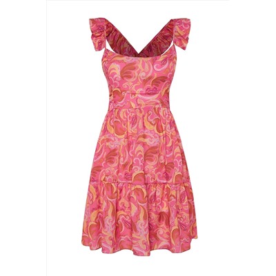 Розовое мини-платье с ткаными рюшами и цветочным принтом TWOSS23EL02241