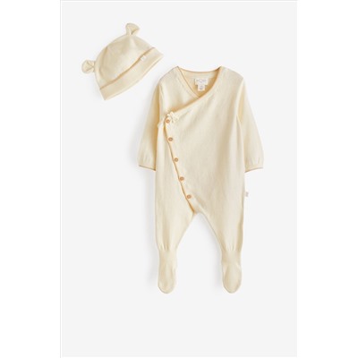 MORI Cream Organic Cotton Knitted Kimono Romper & Hat Baby Gift Set