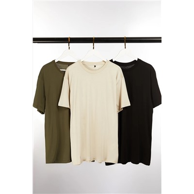 Комплект из 3 базовых футболок размера «черный-камень-хаки» стандартного/нормального кроя из 100% хлопка