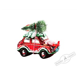 Машинка с елочкой и рождественским венком красная (стекло) 11,5х6х11 см
