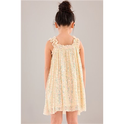 Neutral/ Iridescent Sequin Gathered Strappy Party Dress (3-14yrs)