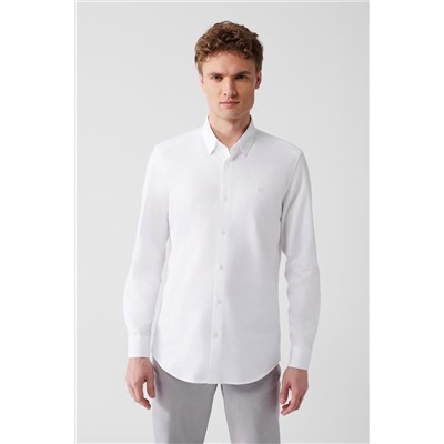 Белая рубашка из 100% хлопка, застегивающаяся на пуговицы снизу, воротник Dobby Slim Fit