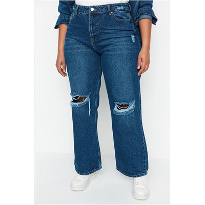 Темно-синие широкие рваные джинсы с высокой талией TBBSS22JE00006