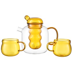 Чайник стеклянный с двумя чашками, 1,2 л, желтый