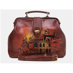 Коньячная кожаная сумка с росписью из натуральной кожи «W0023 Cognac Город»