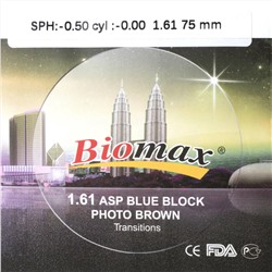 Линза полимерная фотохромная Transitions N=1.61 ASP Blue Block