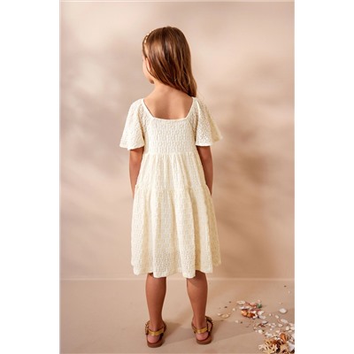 Ecru White Jersey Textured Angel Sleeve Dress (3-16yrs)