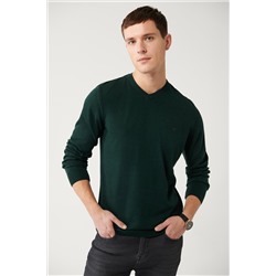 Зеленый трикотажный свитер с v-образным вырезом, без катышков, стандартная посадка
