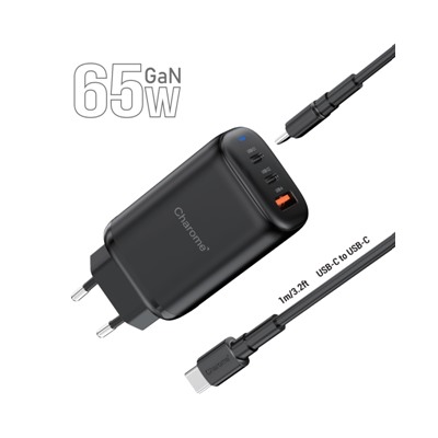 Сетевой адаптер питания CHAROME C30 2*USB-C+USB-A 65W GaN+ кабель Type-C (черный)