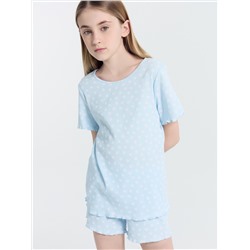 Комплект для девочек (футболка, шорты) голубой в ромашки