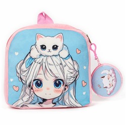 Рюкзак детский плюшевый с кошельком "Девочка с котиком", 24*24 см, цвет розовый