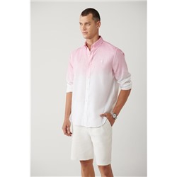 Рубашка из 100% льна удобного кроя с розовым воротником на пуговицах и градиентом цвета