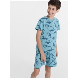 Комплект для мальчиков (футболка, шорты) синий с динозаврами