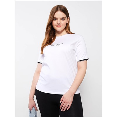 LCW Плюс размер Хлопковая женская футболка с круглым вырезом и текстовым принтом с короткими рукавами