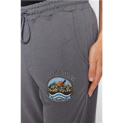 Антрацитовые мужские спортивные брюки с резиновыми штанинами стандартного кроя с принтом TMNAW22EA0528