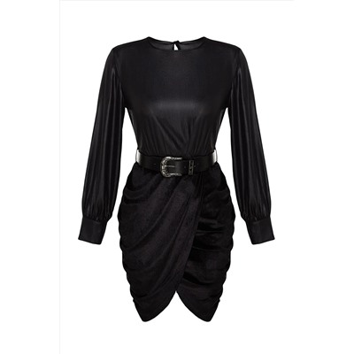 Черное бархатное тканое платье с поясом TWOAW24EL00352