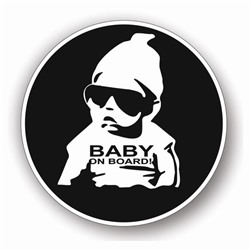 Наклейка "Baby on board черные очки", круг, черный фон, d=15 см