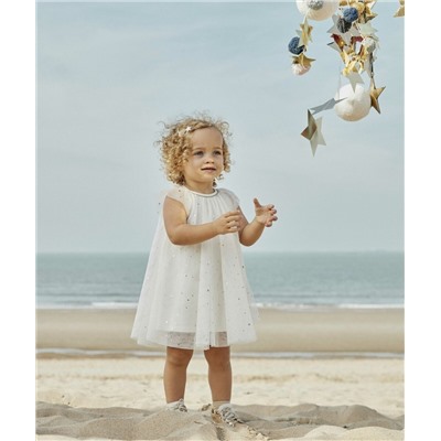 ROBE CRÉATEUR 2022 BÉBÉ FILLE ÉCRUE EN TULLE AVEC POIS ET ÉTOILES DORÉS