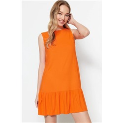Оранжевое мини-гибкое трикотажное платье прямого кроя с нулевыми рукавами и воланами в рубчик TWOSS22EL0794