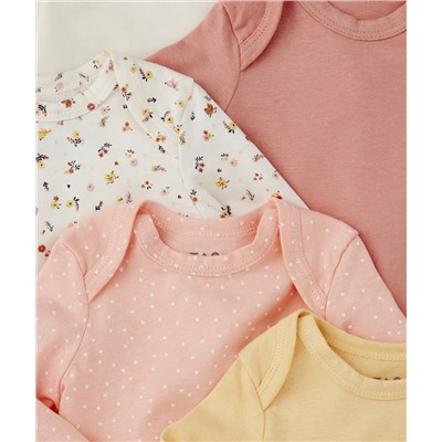 LOT DE 5 BODIES BÉBÉ FILLE EN COTON BIO UNIS ET IMPRIMÉS ROSE ET ORANGÉ