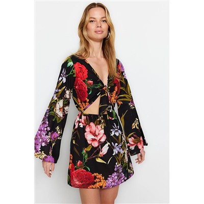 Мини-тканое пляжное платье с цветочным узором и завязками из 100% хлопка TBESS23EL00269