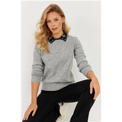 Женский серый вязаный свитер с каменным воротником KED1213