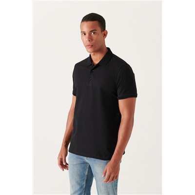 Черная футболка с воротником-поло, 3 пуговицы, 100 % египетский хлопок, стандартная посадка