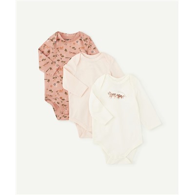 LOT DE 3 BODIES BÉBÉ EN COTON BIO UNI ET IMPRIMÉS ANIMALIERS ROSE