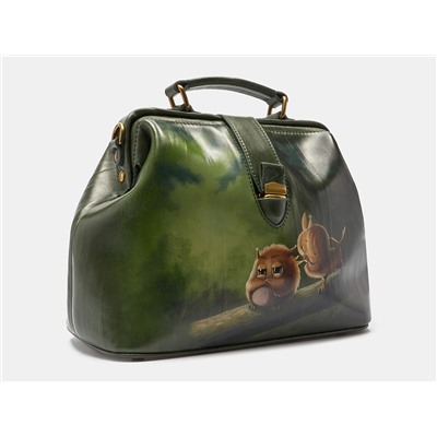Зелёная кожаная сумка с росписью из натуральной кожи «W0023 Green Птички в лесу»