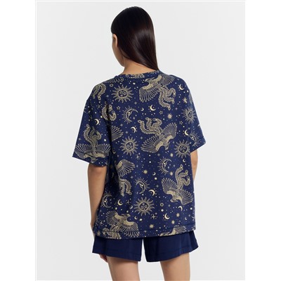 Комплект женский (футболка, шорты) темно-синий со звездным небом